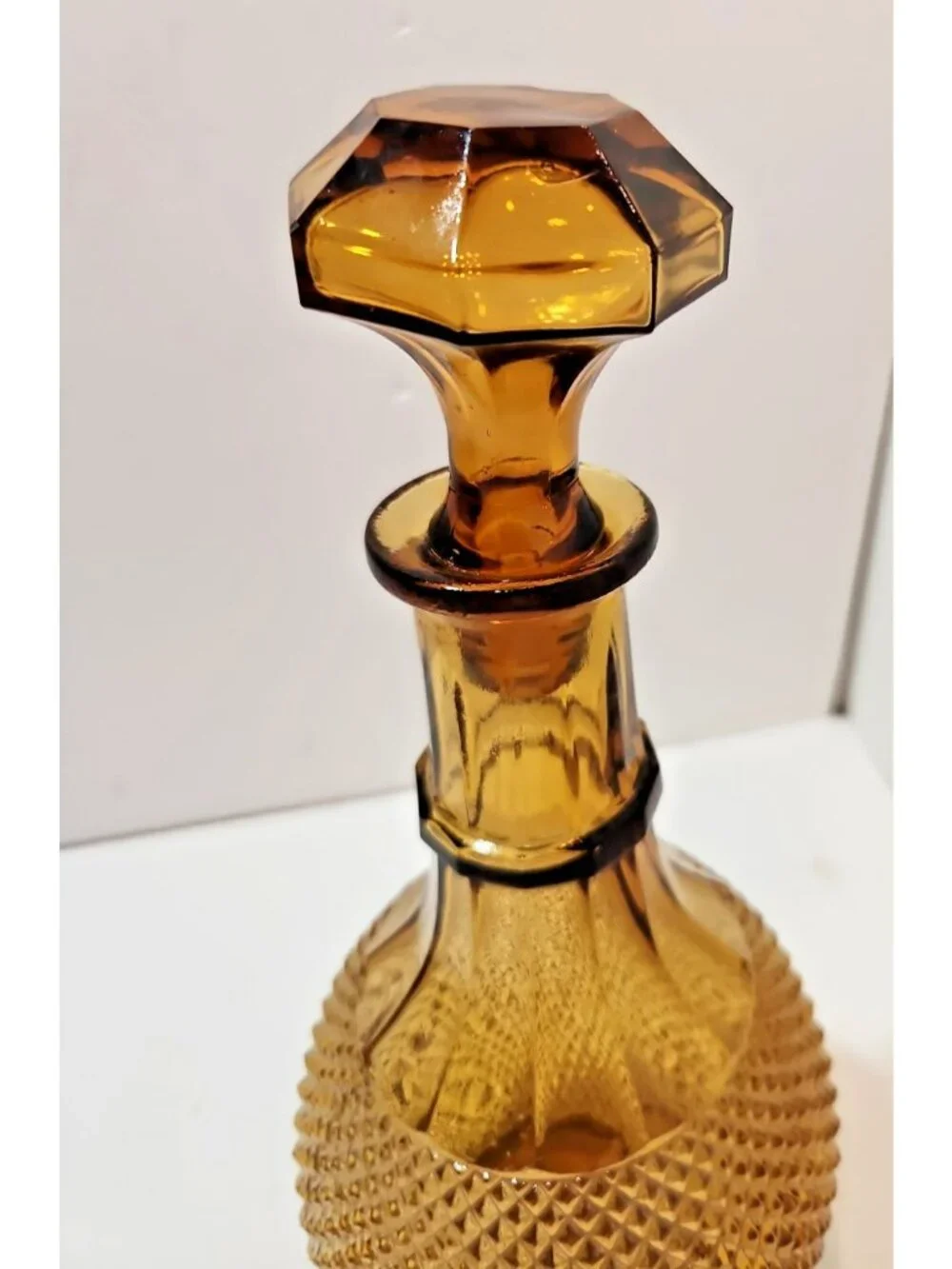 Vintage 1960's Amber Colored Hobnail Glass Wine/Liquor Decanter Bottle w/Stopper